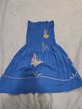 Tiki Palm Strapless Blue Butterfly Sundress Size XL (runs Small)